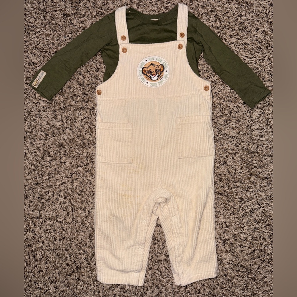 Disney Cream Corduroy Overalls with Green Tee and Simba Patch